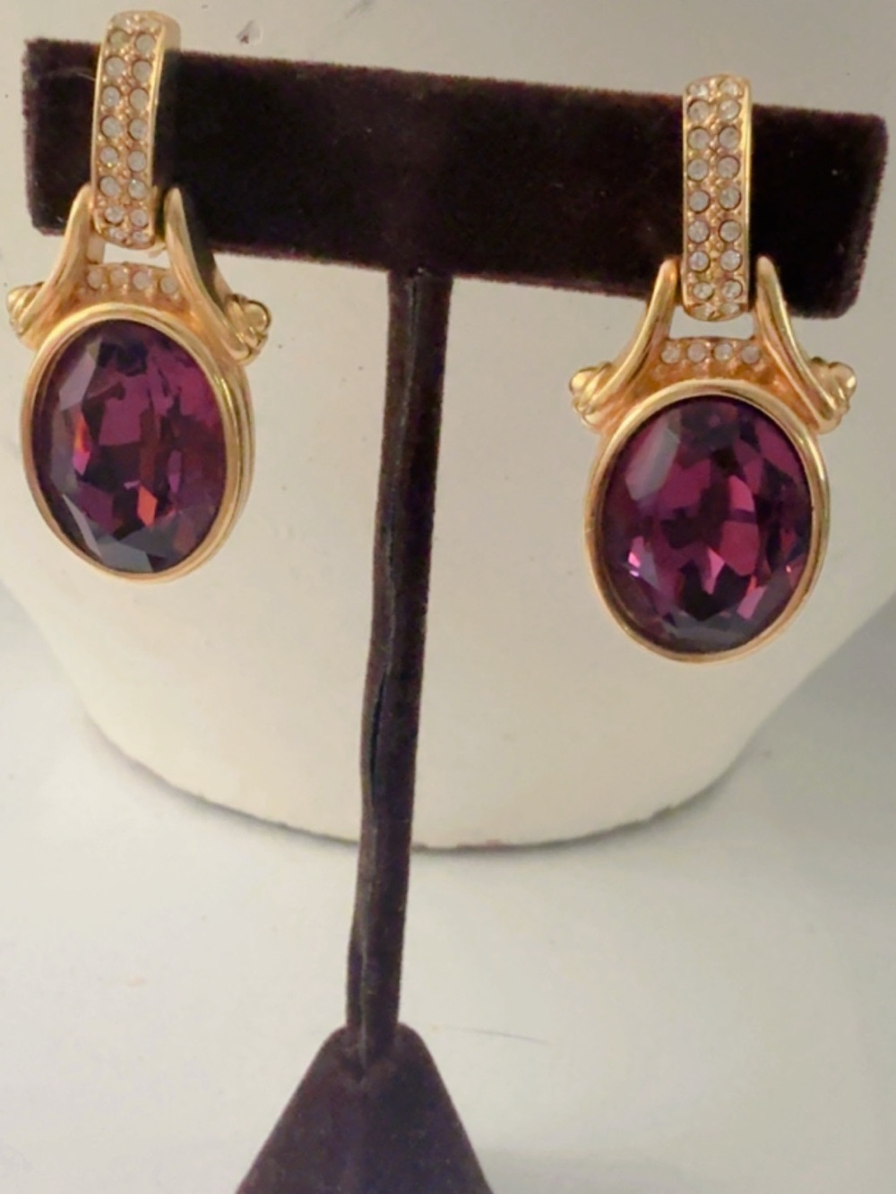 Sadowsky crystal 
Gold-Tone Earrings with Deep Purple Oval Gemstones